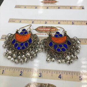 Vintage Kuchi Bell Hoop Earrings: Blue Orange Glass Stone Boho Jewelry